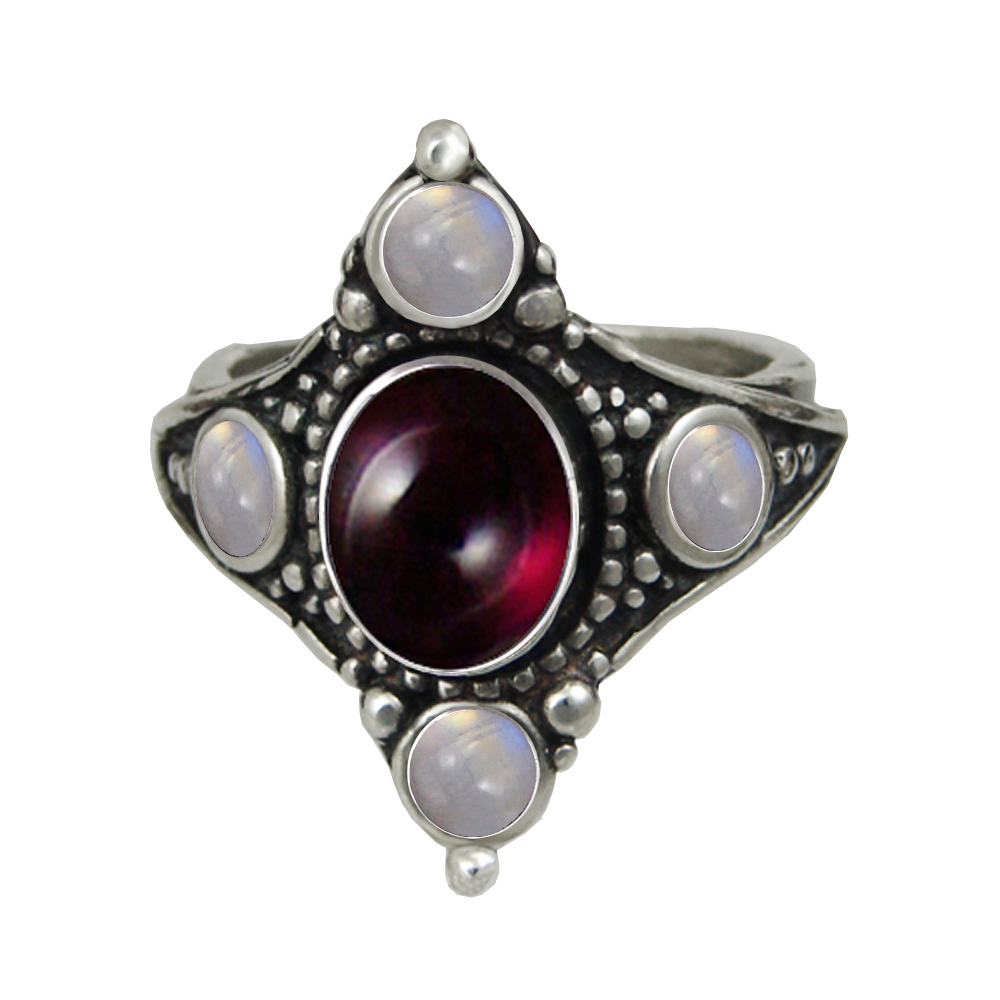 Sterling Silver Renaissance Queen's Ring With Garnet And Rainbow Moonstone Size 10